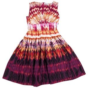 Calvin Klein Skater Dress Women 6 Red Orange‎ Tie Dye V Neck Chic